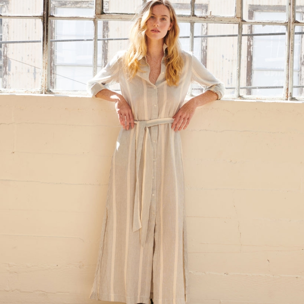 Striped Button-Front Maxi Shirt Dress with Waist Tie - Cream